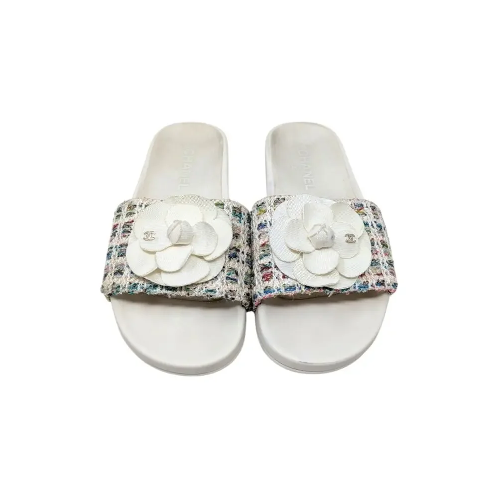 Chanel Camellia Tweed CC Logo Slide Rainbow White Rubber Pool Sandal 38 | 7.5